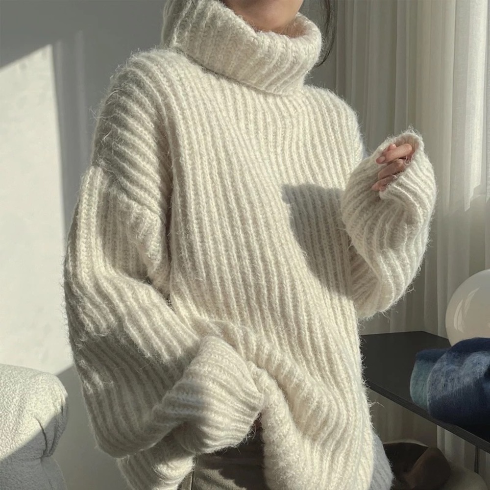 GORGEOUS Chunky Oversized Cozy Warm Blue Turtleneck Rib Fuzz Thick Heavy Sweater - Picture 6 of 8